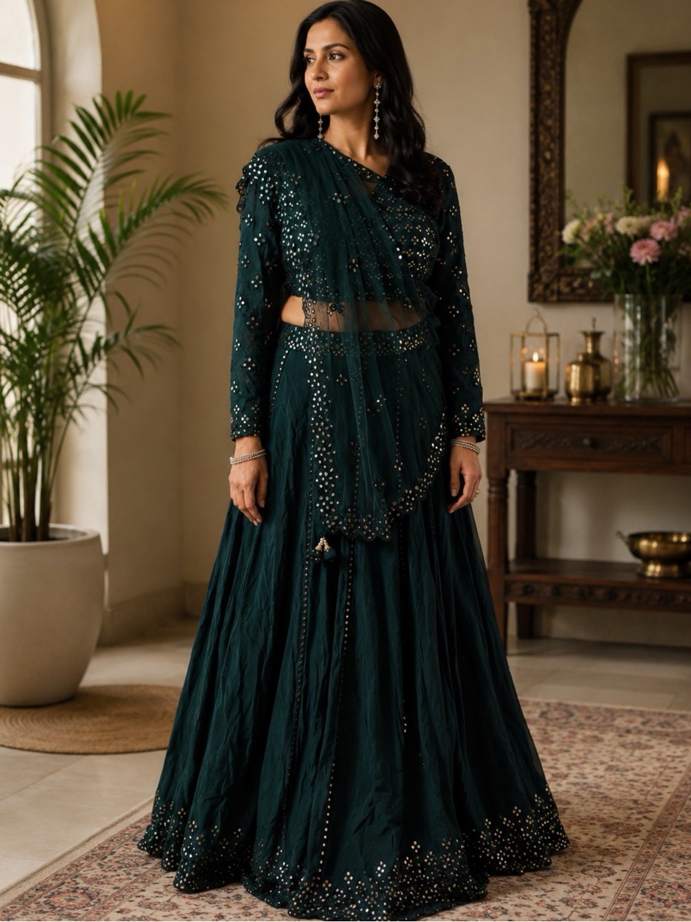 Emerald Green Embellished  Mirror work Lehenga